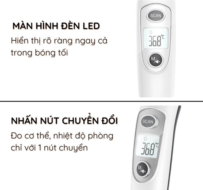 Nhiệt kế hồng ngoại cơ thể và vật thể 4 in 1 không tiếp xúc - Màu trắng 