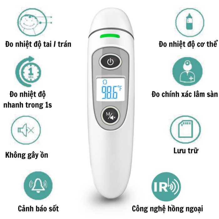 Nhiệt kế hồng ngoại cơ thể và vật thể 4 in 1 không tiếp xúc - Màu trắng 