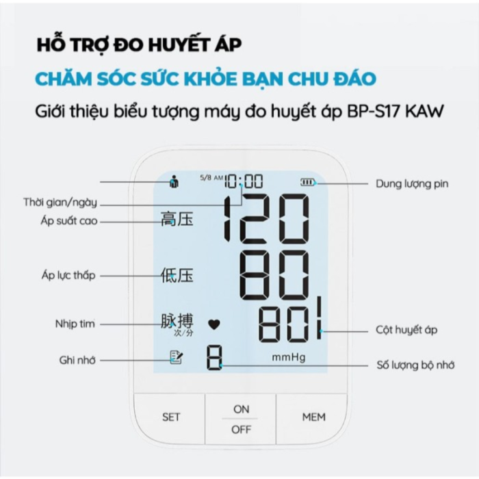 Máy đo huyết áp KAW, Đo bắp tay, Cảnh báo nhịp tim
