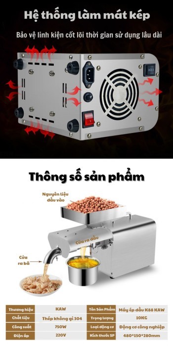 Máy Ép Dầu Thực Vật Gia Đình 1800W K88 – KAW HOME - Ép Nóng & Lạnh, Inox Không Gỉ, Ép Đa Loại Hạt