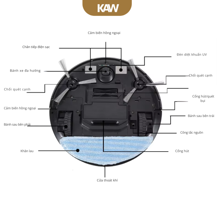 Robot Hút Bụi Tự Sạc KAW 245C – Hút Quét Lau 3 Trong 1, Diệt Khuẩn UV, Điều Khiển Từ Xa