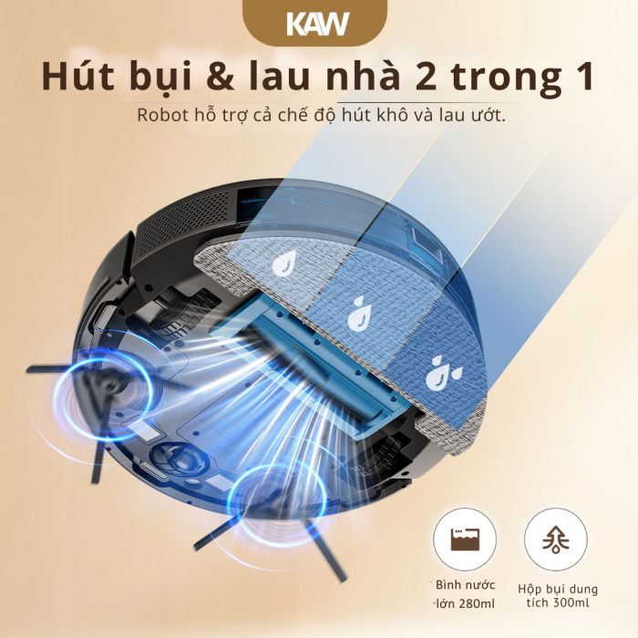 Robot hút bụi tự đổ rác KAW 245A – Lực hút 5000Pa, điều hướng Laser LDS, điều khiển App