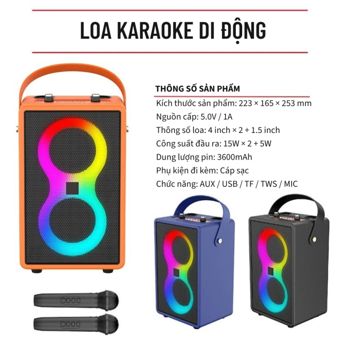 Loa KAW PartyBox K8 On-The-Go Di Động, Công Suất Lớn, Kèm 2 Micro Karaoke Chuyên Nghiệp