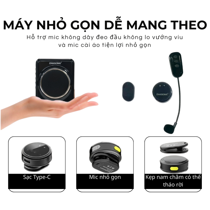 Máy Trợ Giảng ZANSONG M90 Cao Cấp Chống Hú 20W - Âm Thanh To Rõ, Trọn Bộ Mic Không Dây/Cài Áo