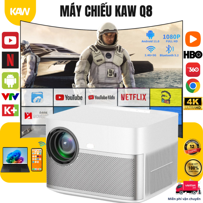 Máy Chiếu KAW Q8 Full HD 1080P – Android 9, Auto Focus, Hỗ Trợ 4K, Home Theater Cao Cấp