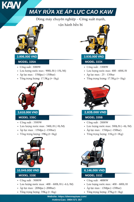Máy rửa xe KAW 335A lõi đồng, Công suất lớn, Siêu bền, Áp lực mạnh, Làm sạch mọi vết bẩn
