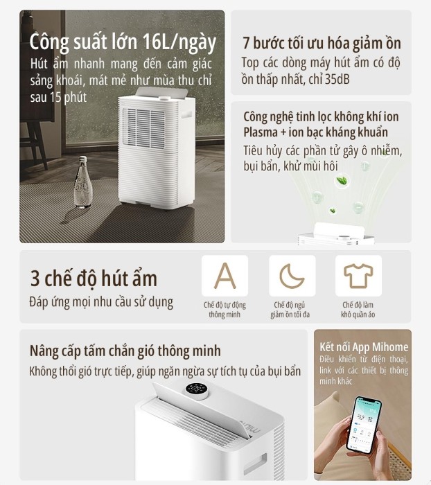 miLife 16L - Máy Hút Ẩm Nhỏ Gọn, Công Suất Mạnh Mẽ Cho Gia Đình