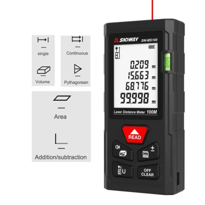 Thước Đo Khoảng Cách Laser SW-MS100 100m – Máy Đo Laser Chính Xác Cao, Đo Diện Tích & Thể Tích, Lưu 99 Dữ Liệu