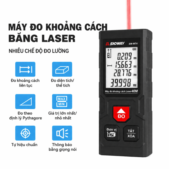 Thước Đo Khoảng Cách Laser KAW SW-MS40 40m – Máy Đo Laser Mini Chính Xác Cao, Đo Diện Tích & Thể Tích