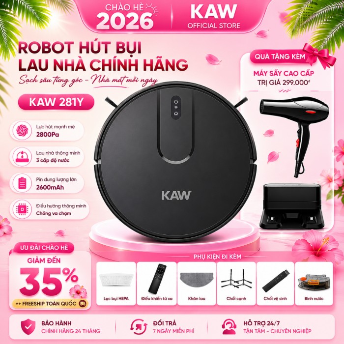 Robot Hút Bụi Lau Nhà KAW Smart 281Y – Hút & Lau 2 Trong 1, App Điều Khiển