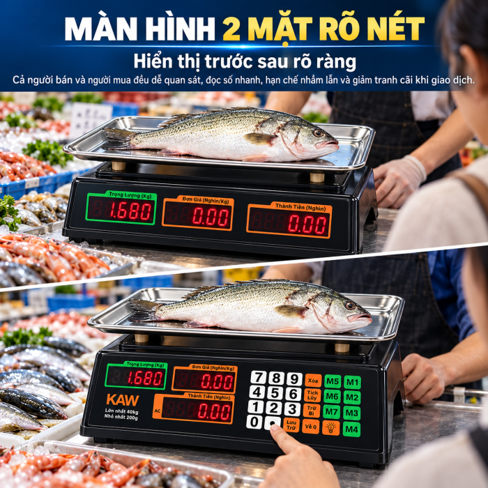 Cân điện tử tính tiền chống nước KAW cao cấp, Màn hình lớn, Dễ sử dụng