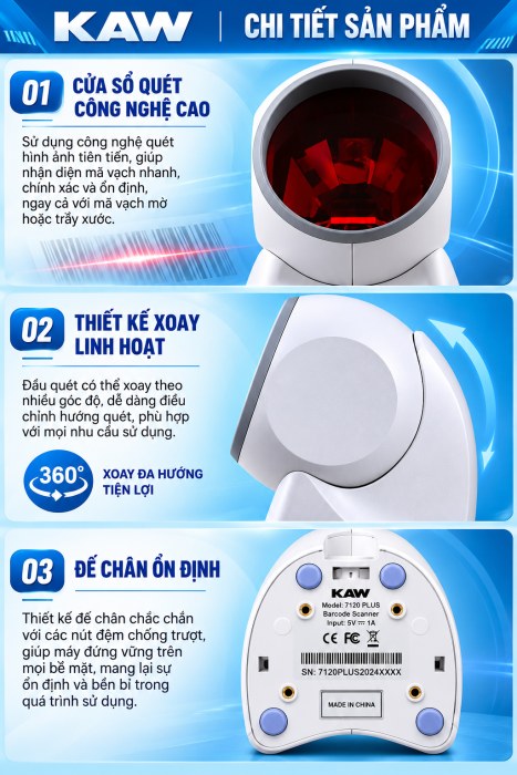Máy Quét Mã Vạch Để Bàn KAW MS7120 Quét Đa Hướng 20 Tia Laser, Tự Động Nhận Mã, Cắm Là Dùng