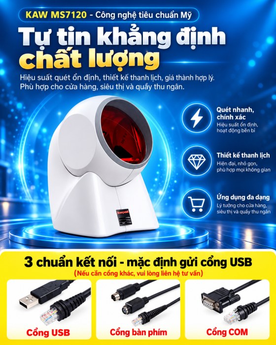 Máy Quét Mã Vạch Để Bàn KAW MS7120 Quét Đa Hướng 20 Tia Laser, Tự Động Nhận Mã, Cắm Là Dùng