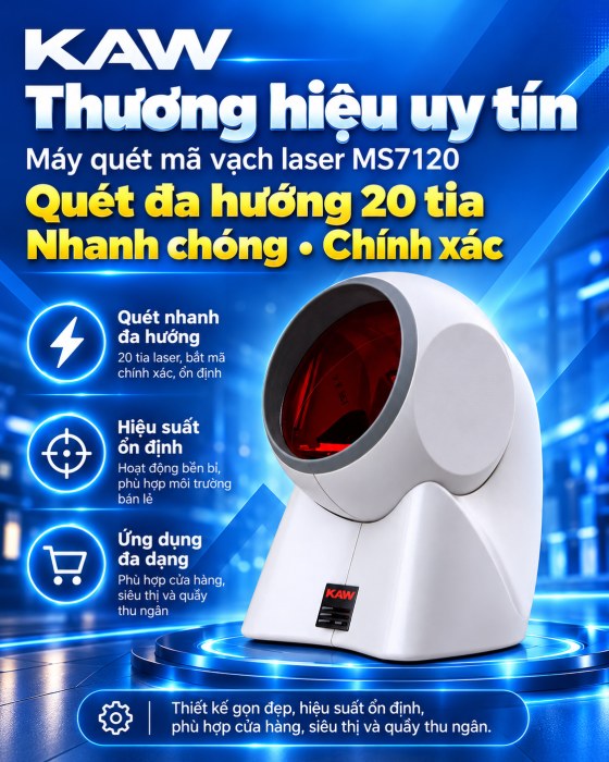 Máy Quét Mã Vạch Để Bàn KAW MS7120 Quét Đa Hướng 20 Tia Laser, Tự Động Nhận Mã, Cắm Là Dùng
