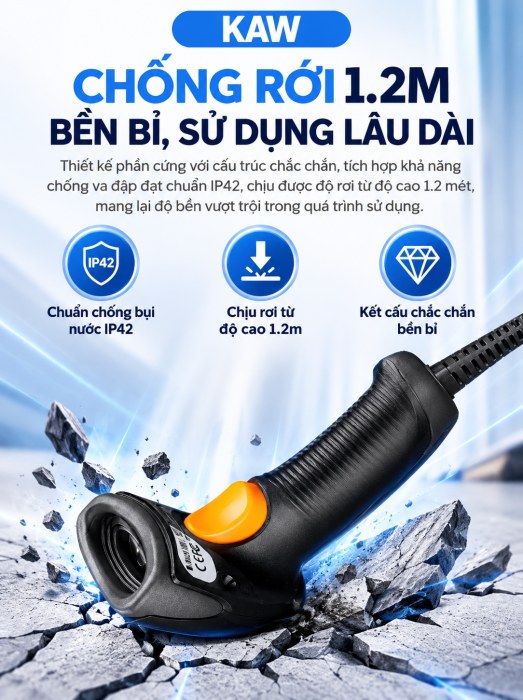 Máy Quét Mã Vạch Cầm Tay KAW NLS-HR22 Đọc Mã 1D/2D, QR Code Trên Giấy Và Màn Hình, Chống Rơi 1.2m