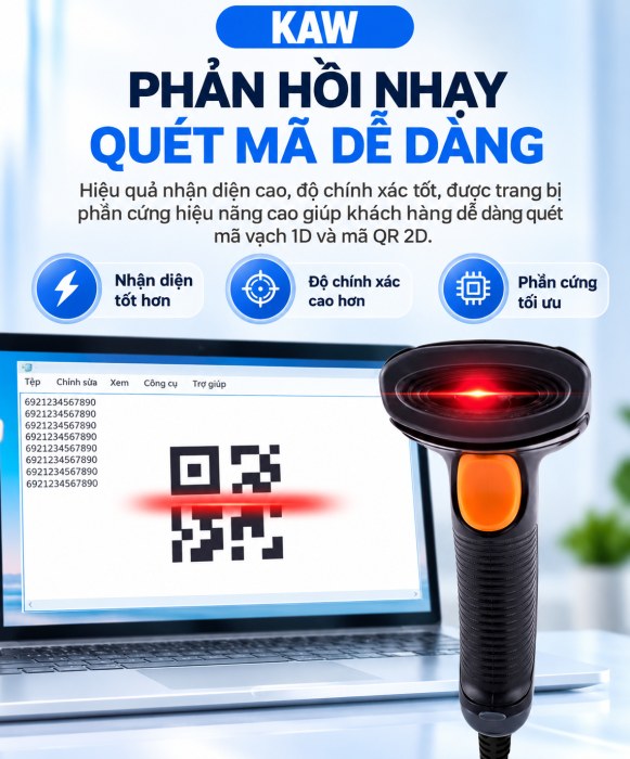 Máy Quét Mã Vạch Cầm Tay KAW NLS-HR22 Đọc Mã 1D/2D, QR Code Trên Giấy Và Màn Hình, Chống Rơi 1.2m
