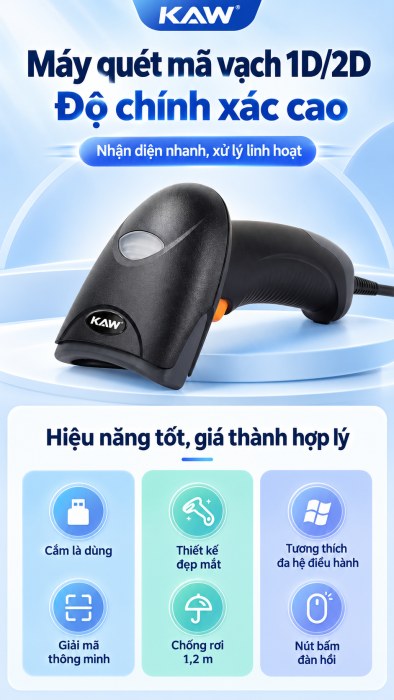 Máy Quét Mã Vạch Cầm Tay KAW NLS-HR22 Đọc Mã 1D/2D, QR Code Trên Giấy Và Màn Hình, Chống Rơi 1.2m