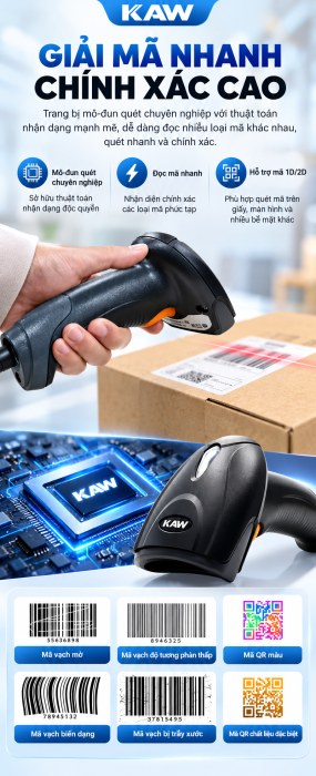 Máy Quét Mã Vạch 2D KAW NLS-OY20 Có Dây USB, Đọc QR Code Trên Màn Hình Điện Thoại, Chuẩn IP42