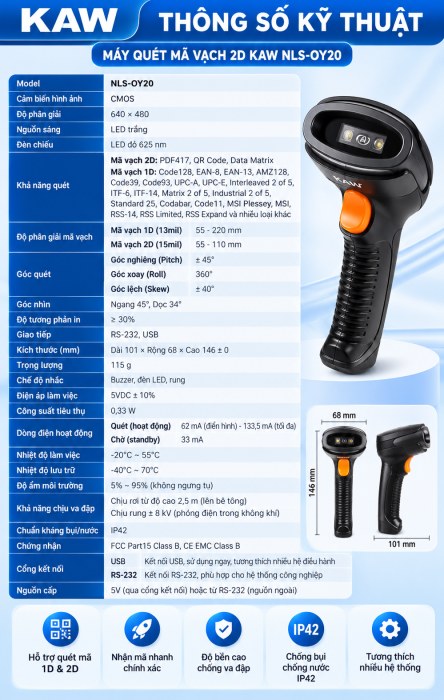 Máy Quét Mã Vạch 2D KAW NLS-OY20 Có Dây USB, Đọc QR Code Trên Màn Hình Điện Thoại, Chuẩn IP42