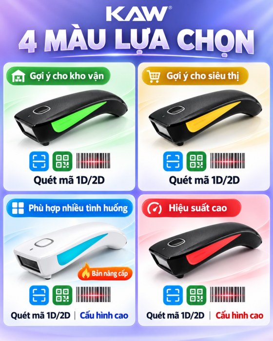 Máy Quét Mã Vạch Mini KAW C Series Không Dây Bluetooth + 2.4G, Đọc Mã 1D/2D, Quét Màn Hình, Pin 1200mAh