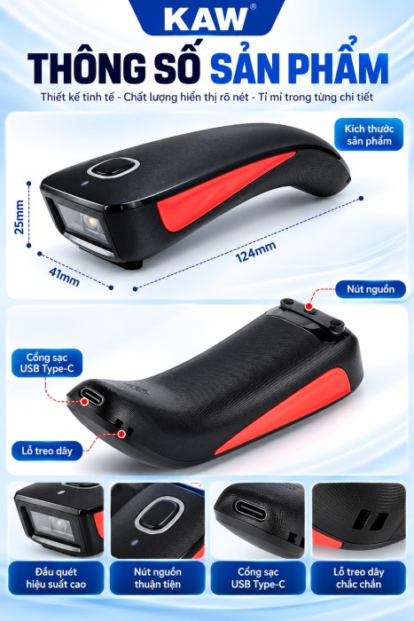 Máy Quét Mã Vạch Mini KAW C Series Không Dây Bluetooth + 2.4G, Đọc Mã 1D/2D, Quét Màn Hình, Pin 1200mAh