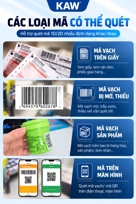Máy Quét Mã Vạch Mini KAW C Series Không Dây Bluetooth + 2.4G, Đọc Mã 1D/2D, Quét Màn Hình, Pin 1200mAh