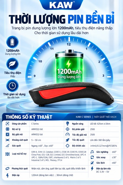 Máy Quét Mã Vạch Mini KAW C Series Không Dây Bluetooth + 2.4G, Đọc Mã 1D/2D, Quét Màn Hình, Pin 1200mAh