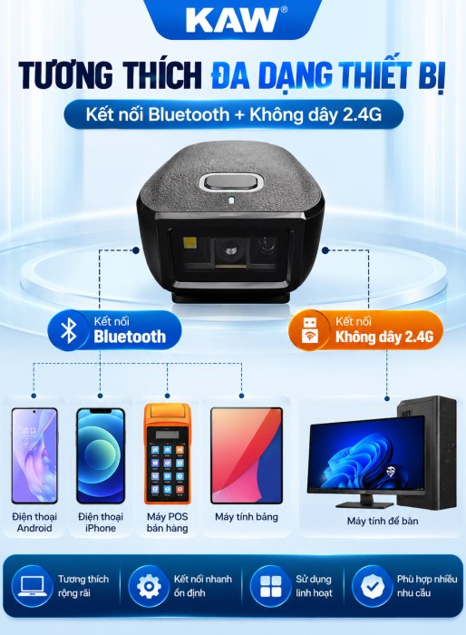Máy Quét Mã Vạch Mini KAW C Series Không Dây Bluetooth + 2.4G, Đọc Mã 1D/2D, Quét Màn Hình, Pin 1200mAh