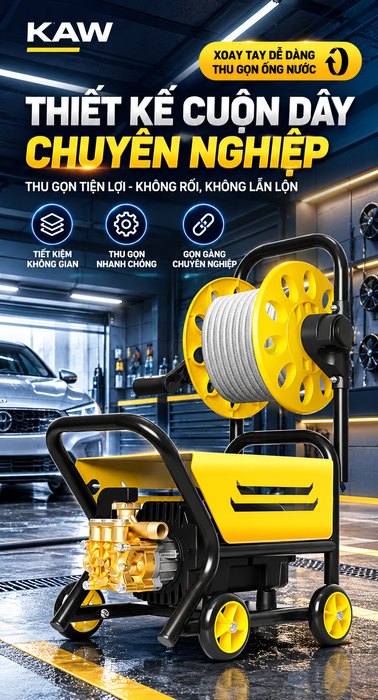 Máy Rửa Xe Cao Áp KAW 1200W Có Cuộn Ống, Động Cơ Lõi Đồng, Khung Kim Loại, Lưu Lượng 6L/Phút