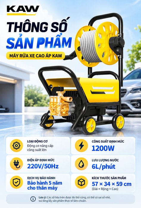 Máy Rửa Xe Cao Áp KAW 1200W Có Cuộn Ống, Động Cơ Lõi Đồng, Khung Kim Loại, Lưu Lượng 6L/Phút