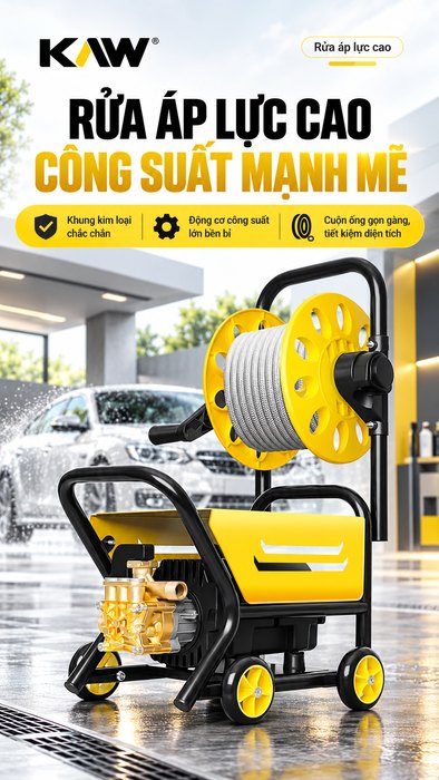 Máy Rửa Xe Cao Áp KAW 1200W Có Cuộn Ống, Động Cơ Lõi Đồng, Khung Kim Loại, Lưu Lượng 6L/Phút