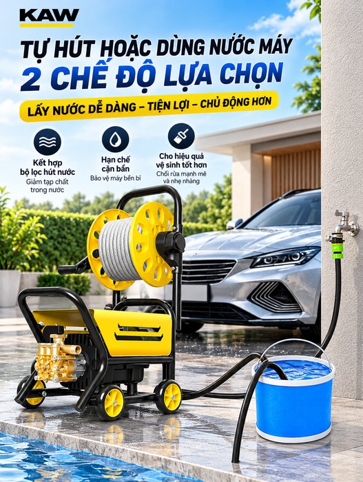 Máy Rửa Xe Cao Áp KAW 1200W Có Cuộn Ống, Động Cơ Lõi Đồng, Khung Kim Loại, Lưu Lượng 6L/Phút