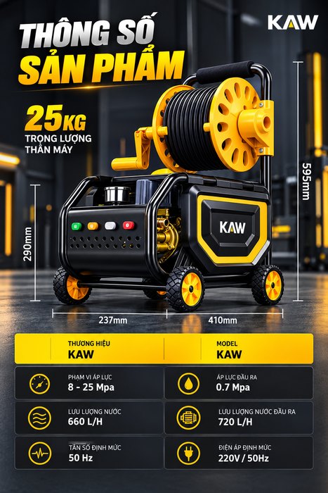 Máy Rửa Xe Cao Áp KAW 2000W Có Cuộn Ống 20m, Động Cơ Đồng Không Chổi Than, Áp Lực 8-25MPa, 720L/H