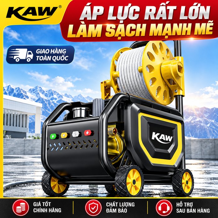 Máy Rửa Xe Cao Áp KAW 2000W Có Cuộn Ống 20m, Động Cơ Đồng Không Chổi Than, Áp Lực 8-25MPa, 720L/H
