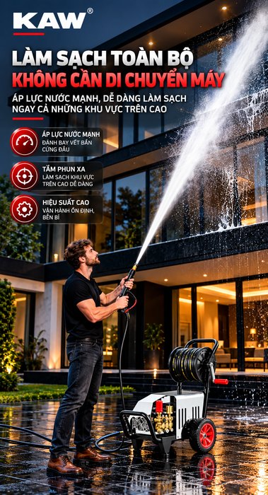 Máy Rửa Xe Cao Áp KAW 3000W Có Cuộn Dây, Động Cơ Lõi Đồng, Đầu Bơm Đồng, Lưu Lượng 16L/Phút