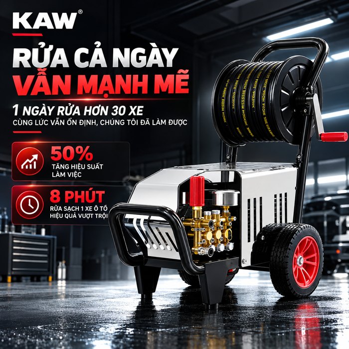 Máy Rửa Xe Cao Áp KAW 3000W Có Cuộn Dây, Động Cơ Lõi Đồng, Đầu Bơm Đồng, Lưu Lượng 16L/Phút