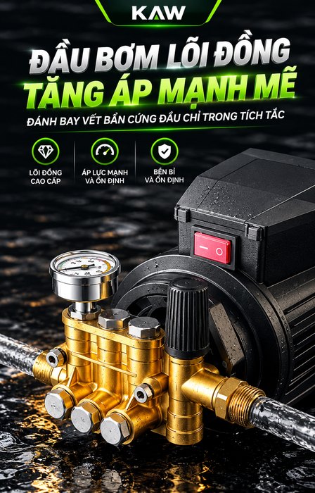 Máy Rửa Xe Cao Áp KAW 3200W Có Cuộn Dây, Động Cơ Cảm Ứng Không Chổi Than, Áp Lực 35MPa, 920L/H