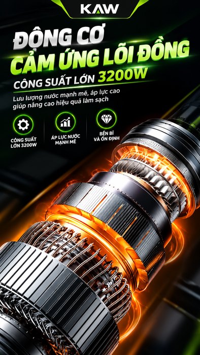 Máy Rửa Xe Cao Áp KAW 3200W Có Cuộn Dây, Động Cơ Cảm Ứng Không Chổi Than, Áp Lực 35MPa, 920L/H