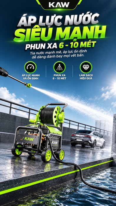 Máy Rửa Xe Cao Áp KAW 3200W Có Cuộn Dây, Động Cơ Cảm Ứng Không Chổi Than, Áp Lực 35MPa, 920L/H