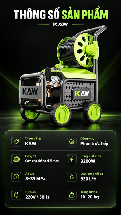 Máy Rửa Xe Cao Áp KAW 3200W Có Cuộn Dây, Động Cơ Cảm Ứng Không Chổi Than, Áp Lực 35MPa, 920L/H
