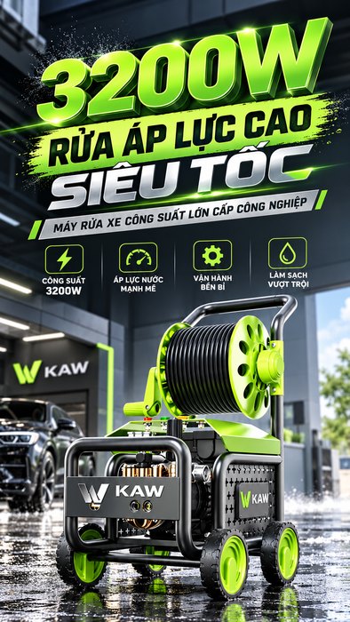 Máy Rửa Xe Cao Áp KAW 3200W Có Cuộn Dây, Động Cơ Cảm Ứng Không Chổi Than, Áp Lực 35MPa, 920L/H