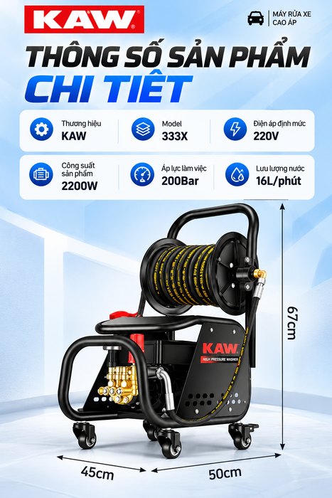 Máy Rửa Xe Cao Áp KAW 333X 2200W Có Cuộn Dây Kim Loại, Động Cơ Cảm Ứng Dây Đồng, Áp Lực 200Bar, 16L/Phút