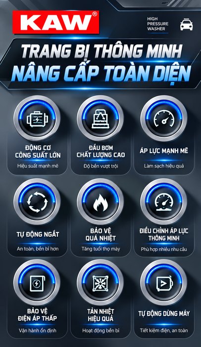 Máy Rửa Xe Cao Áp KAW 333X 2200W Có Cuộn Dây Kim Loại, Động Cơ Cảm Ứng Dây Đồng, Áp Lực 200Bar, 16L/Phút