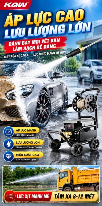 Máy Rửa Xe Cao Áp KAW 3600W Có Cuộn Dây 10m, Động Cơ Cảm Ứng Từ Dây Đồng, Đầu Bơm Trục Nghiêng 30MPa