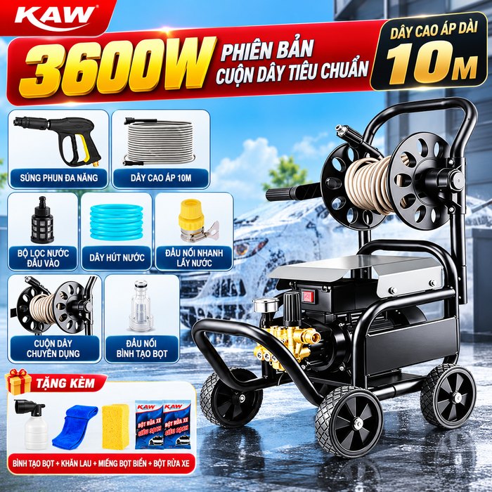Máy Rửa Xe Cao Áp KAW 3600W Có Cuộn Dây 10m, Động Cơ Cảm Ứng Từ Dây Đồng, Đầu Bơm Trục Nghiêng 30MPa