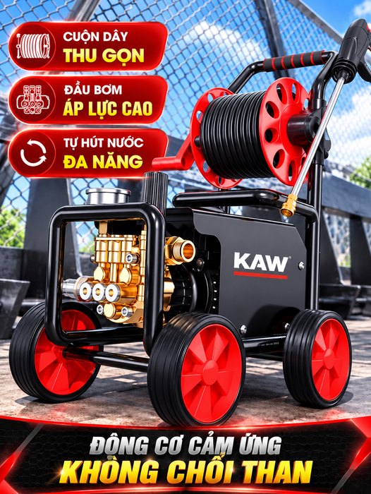 Máy Rửa Xe Cao Áp KAW 9800 Có Cuộn Dây, Động Cơ Cảm Ứng Không Chổi Than Lõi Đồng 2200W, Bánh Xe Lớn 120mm