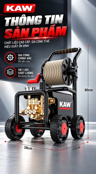 Máy Rửa Xe Cao Áp KAW 9800 Có Cuộn Dây, Động Cơ Cảm Ứng Không Chổi Than Lõi Đồng 2200W, Bánh Xe Lớn 120mm