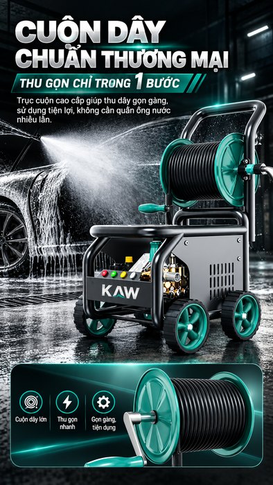 Máy Rửa Xe Cao Áp KAW 9800 Có Cuộn Dây Thương Mại, Động Cơ Cảm Ứng, Khởi Động Mềm, Chống Nước IPX5