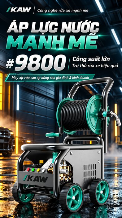 Máy Rửa Xe Cao Áp KAW 9800 Có Cuộn Dây Thương Mại, Động Cơ Cảm Ứng, Khởi Động Mềm, Chống Nước IPX5