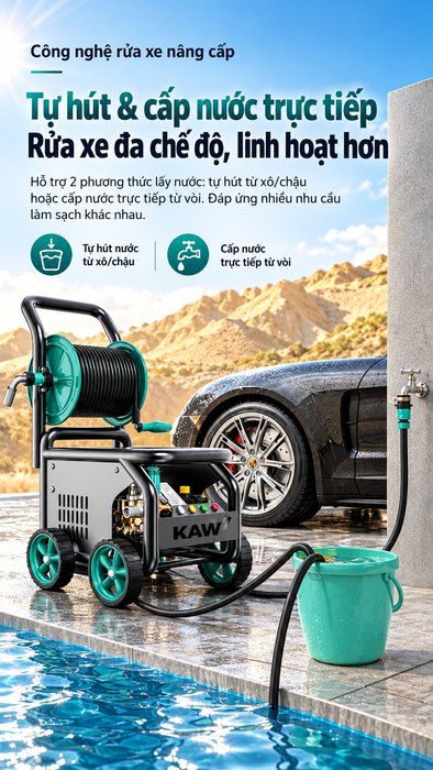 Máy Rửa Xe Cao Áp KAW 9800 Có Cuộn Dây Thương Mại, Động Cơ Cảm Ứng, Khởi Động Mềm, Chống Nước IPX5